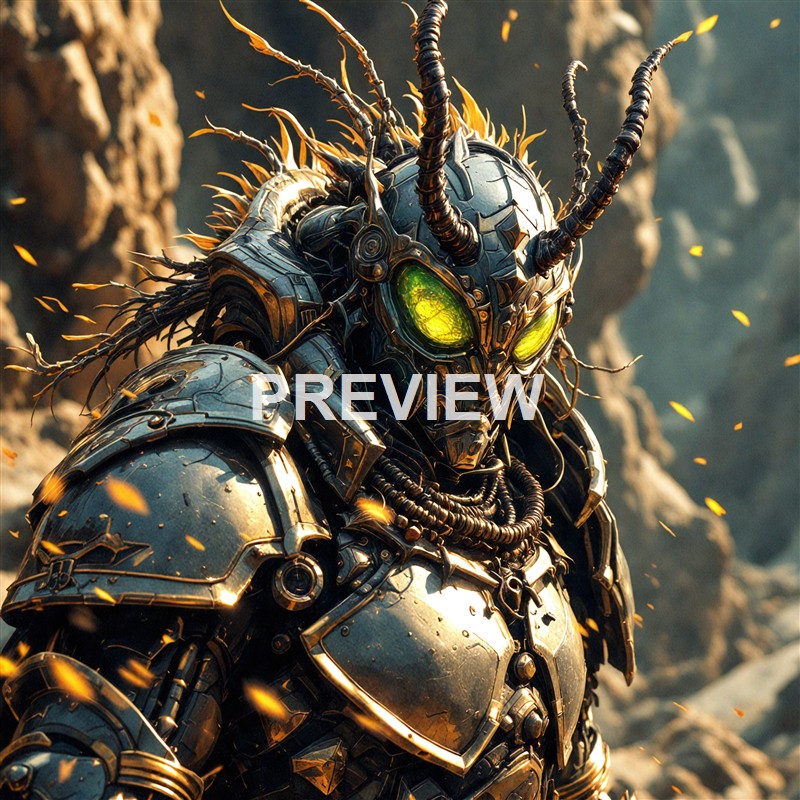 A highly detailed, futuristic robotic insect or armored creature with glowing green eyes, metallic armor, and multiple antennae, set against a rocky background with sparks flying around.